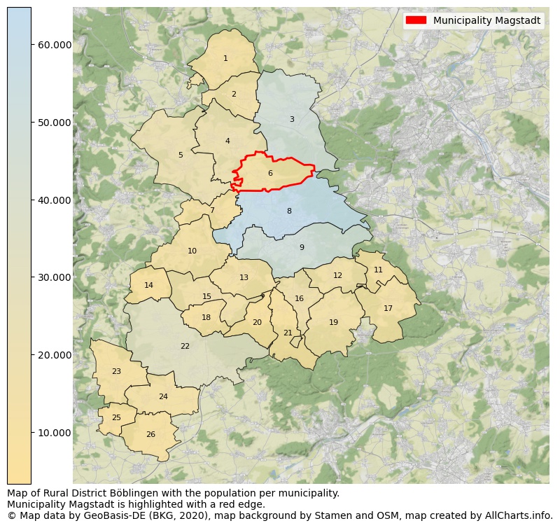 Map of Rural district Böblingen with the population per municipality.Municipality Magstadt is highlighted with a red edge.. This page shows a lot of information about residents (such as the distribution by age groups, family composition, gender, native or German with an immigration background, ...), homes (numbers, types, price development, use, type of property, ...) and more (car ownership, energy consumption, ...) based on open data from the German Federal Agency for Cartography, the Federal Statistical Office (DESTATIS), the Regional Statistical Offices and various other sources!
