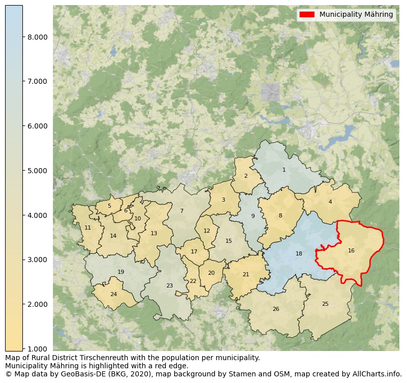 Map of Rural district Tirschenreuth with the population per municipality.Municipality Mähring is highlighted with a red edge.. This page shows a lot of information about residents (such as the distribution by age groups, family composition, gender, native or German with an immigration background, ...), homes (numbers, types, price development, use, type of property, ...) and more (car ownership, energy consumption, ...) based on open data from the German Federal Agency for Cartography, the Federal Statistical Office (DESTATIS), the Regional Statistical Offices and various other sources!