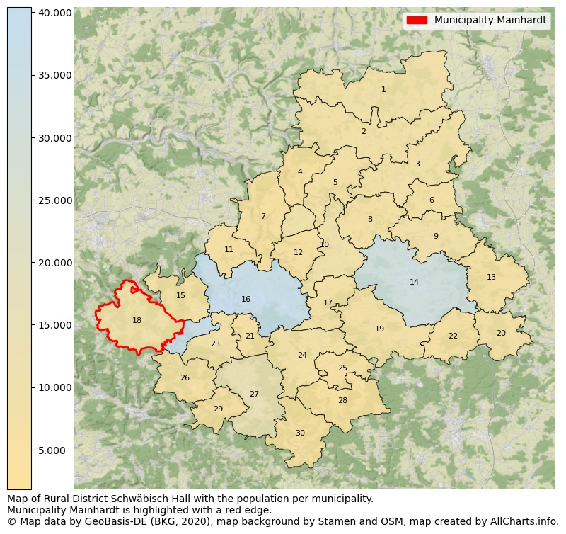 Map of Rural district Schwäbisch Hall with the population per municipality.Municipality Mainhardt is highlighted with a red edge.. This page shows a lot of information about residents (such as the distribution by age groups, family composition, gender, native or German with an immigration background, ...), homes (numbers, types, price development, use, type of property, ...) and more (car ownership, energy consumption, ...) based on open data from the German Federal Agency for Cartography, the Federal Statistical Office (DESTATIS), the Regional Statistical Offices and various other sources!