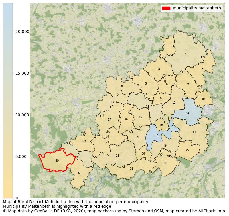 Map of Rural district Mühldorf a. Inn with the population per municipality.Municipality Maitenbeth is highlighted with a red edge.. This page shows a lot of information about residents (such as the distribution by age groups, family composition, gender, native or German with an immigration background, ...), homes (numbers, types, price development, use, type of property, ...) and more (car ownership, energy consumption, ...) based on open data from the German Federal Agency for Cartography, the Federal Statistical Office (DESTATIS), the Regional Statistical Offices and various other sources!