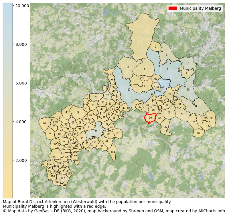 Map of Rural district Altenkirchen (Westerwald) with the population per municipality.Municipality Malberg is highlighted with a red edge.. This page shows a lot of information about residents (such as the distribution by age groups, family composition, gender, native or German with an immigration background, ...), homes (numbers, types, price development, use, type of property, ...) and more (car ownership, energy consumption, ...) based on open data from the German Federal Agency for Cartography, the Federal Statistical Office (DESTATIS), the Regional Statistical Offices and various other sources!