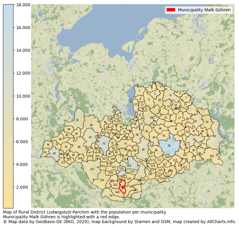 Map of Rural district Ludwigslust-Parchim with the population per municipality.Municipality Malk Göhren is highlighted with a red edge.. This page shows a lot of information about residents (such as the distribution by age groups, family composition, gender, native or German with an immigration background, ...), homes (numbers, types, price development, use, type of property, ...) and more (car ownership, energy consumption, ...) based on open data from the German Federal Agency for Cartography, the Federal Statistical Office (DESTATIS), the Regional Statistical Offices and various other sources!