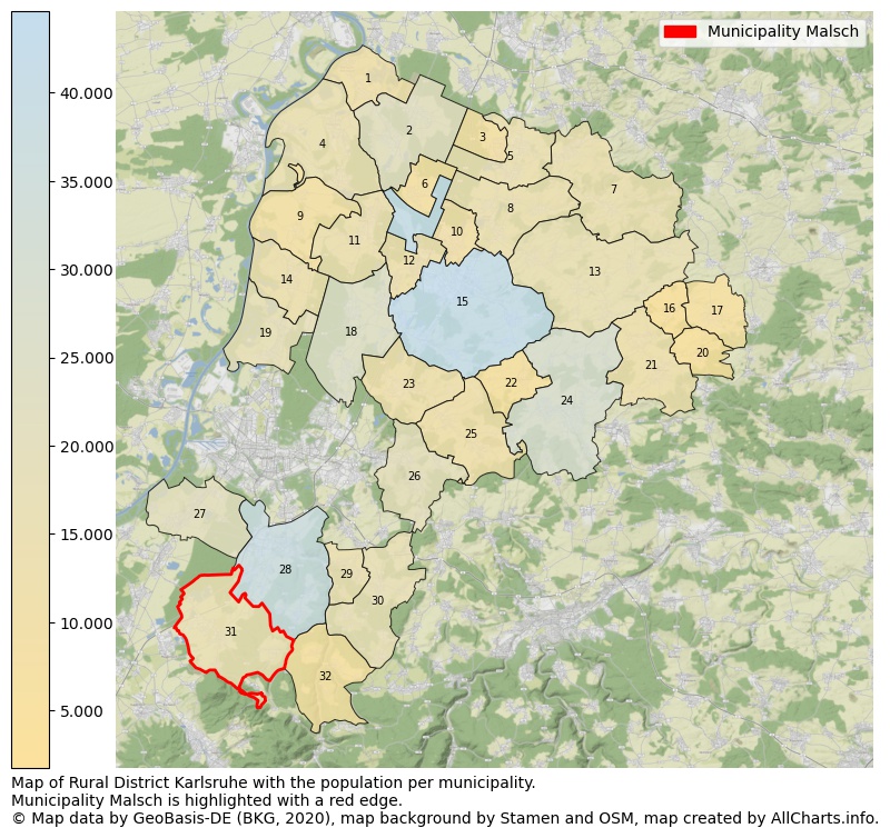 Map of Rural district Karlsruhe with the population per municipality.Municipality Malsch is highlighted with a red edge.. This page shows a lot of information about residents (such as the distribution by age groups, family composition, gender, native or German with an immigration background, ...), homes (numbers, types, price development, use, type of property, ...) and more (car ownership, energy consumption, ...) based on open data from the German Federal Agency for Cartography, the Federal Statistical Office (DESTATIS), the Regional Statistical Offices and various other sources!