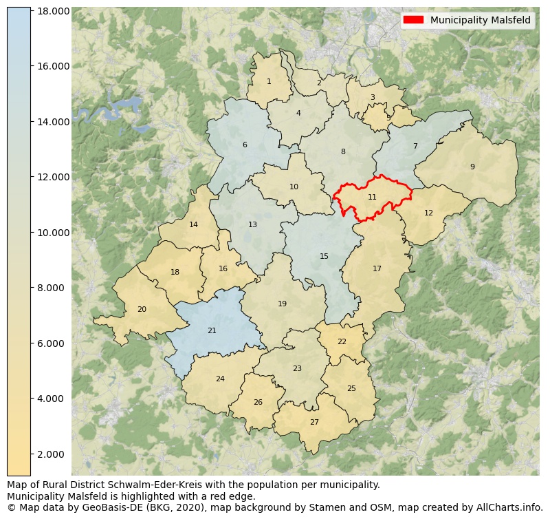 Map of Rural district Schwalm-Eder-Kreis with the population per municipality.Municipality Malsfeld is highlighted with a red edge.. This page shows a lot of information about residents (such as the distribution by age groups, family composition, gender, native or German with an immigration background, ...), homes (numbers, types, price development, use, type of property, ...) and more (car ownership, energy consumption, ...) based on open data from the German Federal Agency for Cartography, the Federal Statistical Office (DESTATIS), the Regional Statistical Offices and various other sources!
