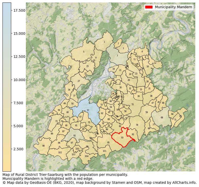 Map of Rural district Trier-Saarburg with the population per municipality.Municipality Mandern is highlighted with a red edge.. This page shows a lot of information about residents (such as the distribution by age groups, family composition, gender, native or German with an immigration background, ...), homes (numbers, types, price development, use, type of property, ...) and more (car ownership, energy consumption, ...) based on open data from the German Federal Agency for Cartography, the Federal Statistical Office (DESTATIS), the Regional Statistical Offices and various other sources!