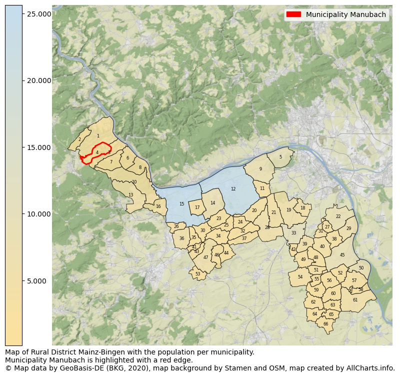 Map of Rural district Mainz-Bingen with the population per municipality.Municipality Manubach is highlighted with a red edge.. This page shows a lot of information about residents (such as the distribution by age groups, family composition, gender, native or German with an immigration background, ...), homes (numbers, types, price development, use, type of property, ...) and more (car ownership, energy consumption, ...) based on open data from the German Federal Agency for Cartography, the Federal Statistical Office (DESTATIS), the Regional Statistical Offices and various other sources!