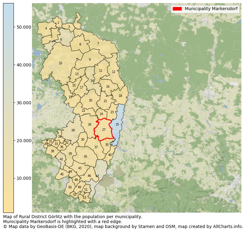 Map of Rural district Görlitz with the population per municipality.Municipality Markersdorf is highlighted with a red edge.. This page shows a lot of information about residents (such as the distribution by age groups, family composition, gender, native or German with an immigration background, ...), homes (numbers, types, price development, use, type of property, ...) and more (car ownership, energy consumption, ...) based on open data from the German Federal Agency for Cartography, the Federal Statistical Office (DESTATIS), the Regional Statistical Offices and various other sources!