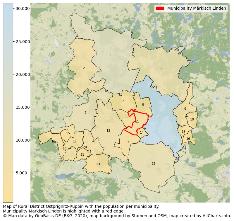 Map of Rural district Ostprignitz-Ruppin with the population per municipality.Municipality Märkisch Linden is highlighted with a red edge.. This page shows a lot of information about residents (such as the distribution by age groups, family composition, gender, native or German with an immigration background, ...), homes (numbers, types, price development, use, type of property, ...) and more (car ownership, energy consumption, ...) based on open data from the German Federal Agency for Cartography, the Federal Statistical Office (DESTATIS), the Regional Statistical Offices and various other sources!