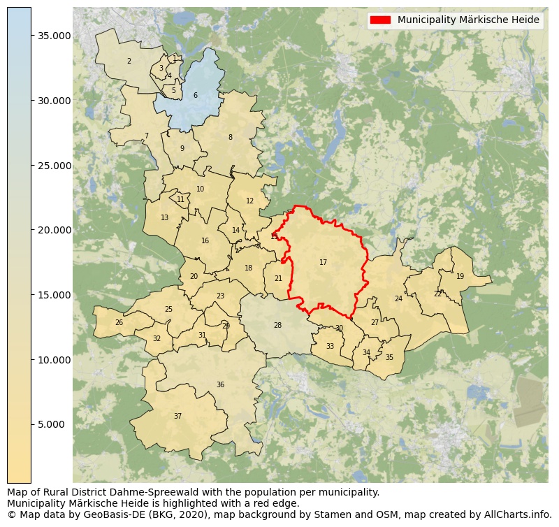 Map of Rural district Dahme-Spreewald with the population per municipality.Municipality Märkische Heide is highlighted with a red edge.. This page shows a lot of information about residents (such as the distribution by age groups, family composition, gender, native or German with an immigration background, ...), homes (numbers, types, price development, use, type of property, ...) and more (car ownership, energy consumption, ...) based on open data from the German Federal Agency for Cartography, the Federal Statistical Office (DESTATIS), the Regional Statistical Offices and various other sources!