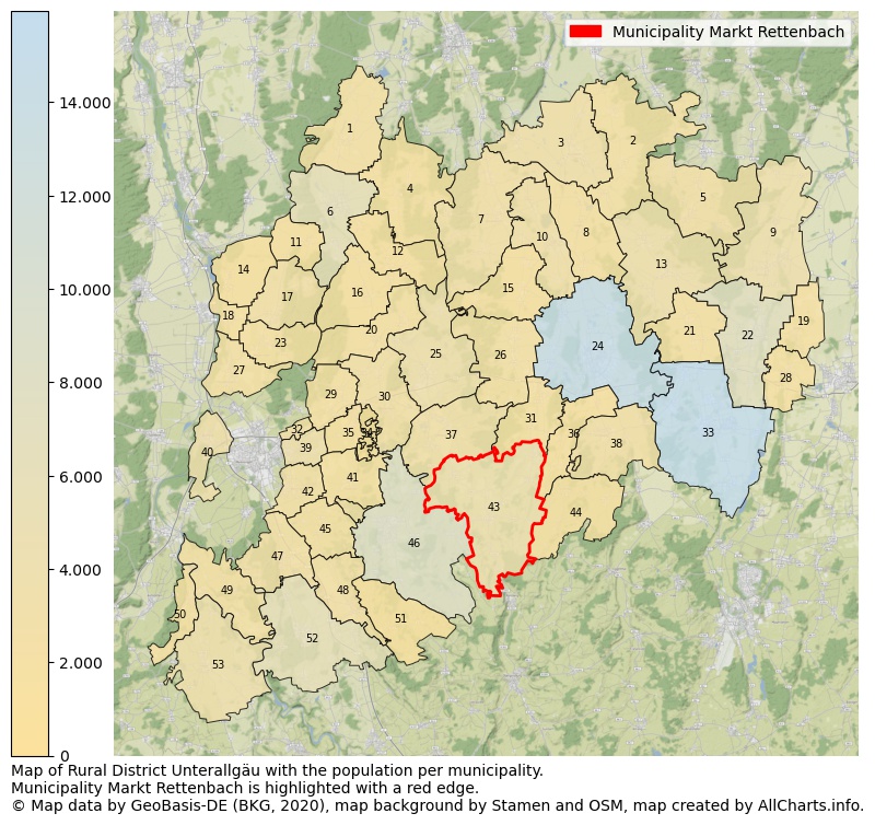Map of Rural district Unterallgäu with the population per municipality.Municipality Markt Rettenbach is highlighted with a red edge.. This page shows a lot of information about residents (such as the distribution by age groups, family composition, gender, native or German with an immigration background, ...), homes (numbers, types, price development, use, type of property, ...) and more (car ownership, energy consumption, ...) based on open data from the German Federal Agency for Cartography, the Federal Statistical Office (DESTATIS), the Regional Statistical Offices and various other sources!