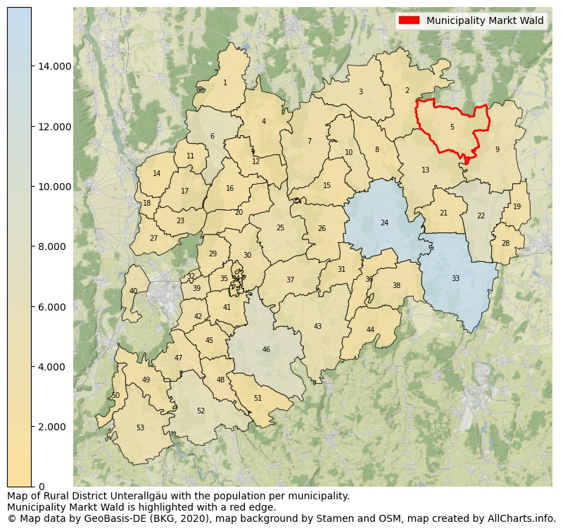 Map of Rural district Unterallgäu with the population per municipality.Municipality Markt Wald is highlighted with a red edge.. This page shows a lot of information about residents (such as the distribution by age groups, family composition, gender, native or German with an immigration background, ...), homes (numbers, types, price development, use, type of property, ...) and more (car ownership, energy consumption, ...) based on open data from the German Federal Agency for Cartography, the Federal Statistical Office (DESTATIS), the Regional Statistical Offices and various other sources!