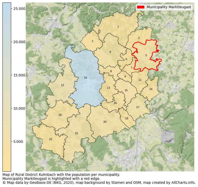 Map of Rural district Kulmbach with the population per municipality.Municipality Marktleugast is highlighted with a red edge.. This page shows a lot of information about residents (such as the distribution by age groups, family composition, gender, native or German with an immigration background, ...), homes (numbers, types, price development, use, type of property, ...) and more (car ownership, energy consumption, ...) based on open data from the German Federal Agency for Cartography, the Federal Statistical Office (DESTATIS), the Regional Statistical Offices and various other sources!