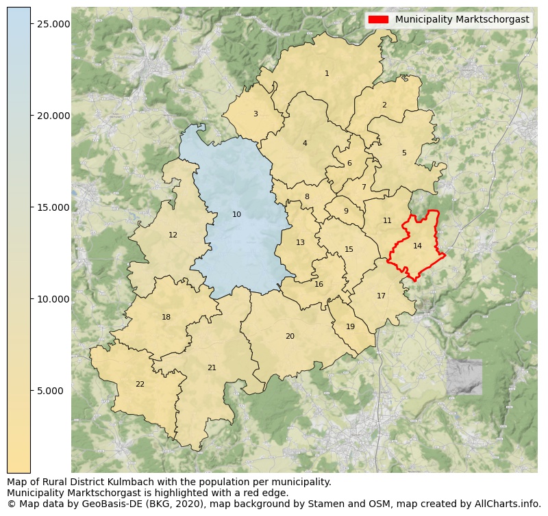Map of Rural district Kulmbach with the population per municipality.Municipality Marktschorgast is highlighted with a red edge.. This page shows a lot of information about residents (such as the distribution by age groups, family composition, gender, native or German with an immigration background, ...), homes (numbers, types, price development, use, type of property, ...) and more (car ownership, energy consumption, ...) based on open data from the German Federal Agency for Cartography, the Federal Statistical Office (DESTATIS), the Regional Statistical Offices and various other sources!