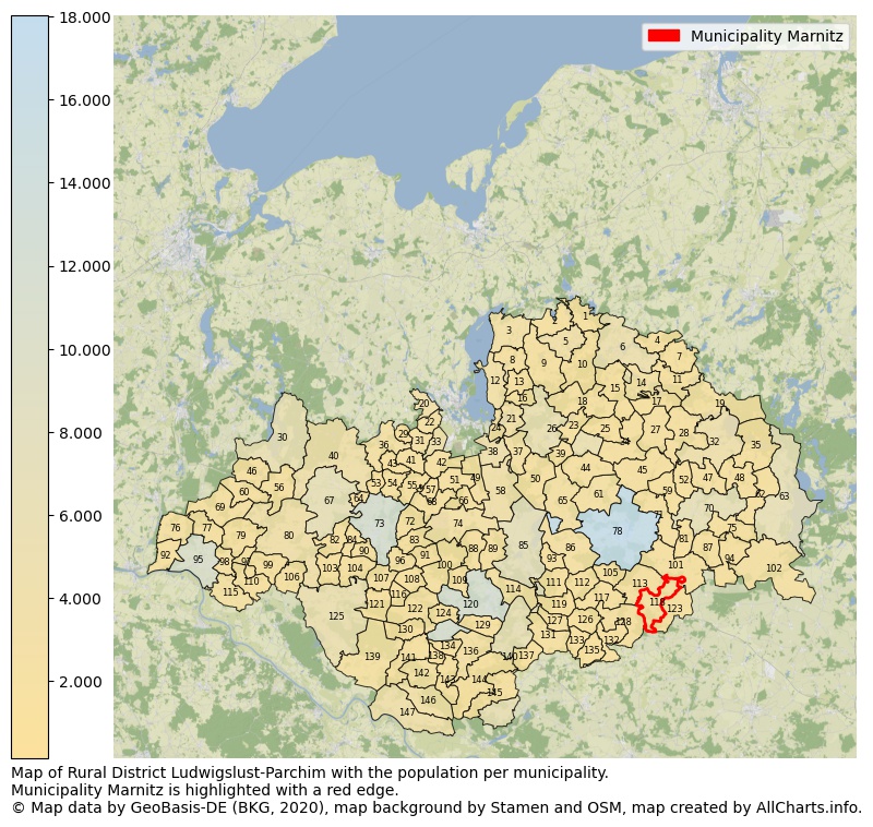 Map of Rural district Ludwigslust-Parchim with the population per municipality.Municipality Marnitz is highlighted with a red edge.. This page shows a lot of information about residents (such as the distribution by age groups, family composition, gender, native or German with an immigration background, ...), homes (numbers, types, price development, use, type of property, ...) and more (car ownership, energy consumption, ...) based on open data from the German Federal Agency for Cartography, the Federal Statistical Office (DESTATIS), the Regional Statistical Offices and various other sources!