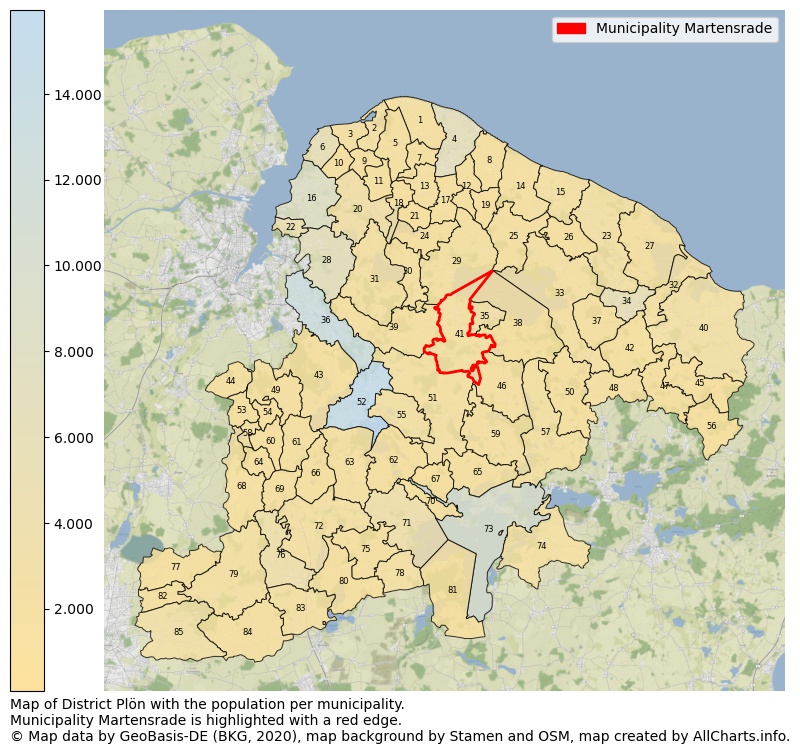 Map of District Plön with the population per municipality.Municipality Martensrade is highlighted with a red edge.. This page shows a lot of information about residents (such as the distribution by age groups, family composition, gender, native or German with an immigration background, ...), homes (numbers, types, price development, use, type of property, ...) and more (car ownership, energy consumption, ...) based on open data from the German Federal Agency for Cartography, the Federal Statistical Office (DESTATIS), the Regional Statistical Offices and various other sources!