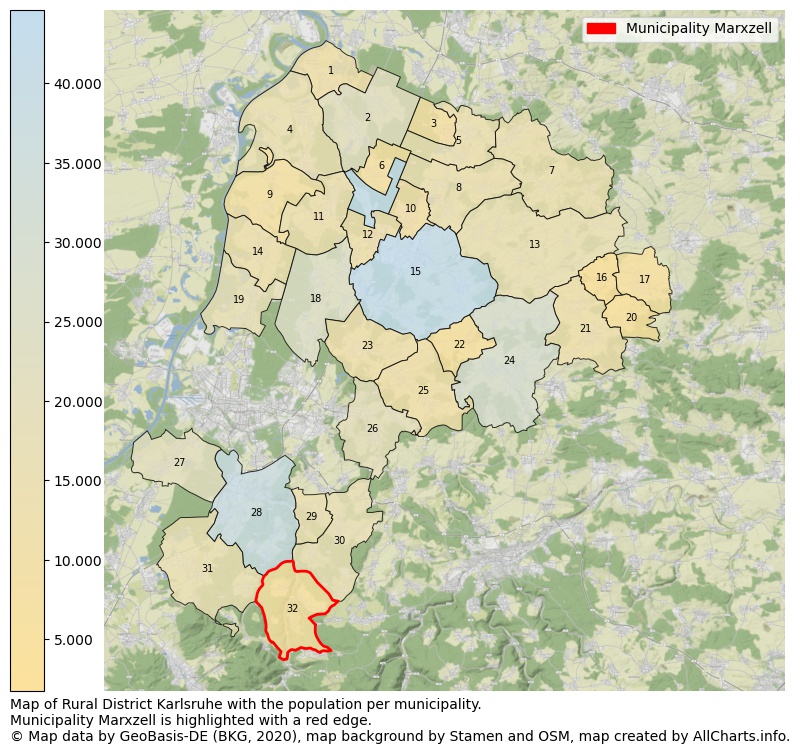 Map of Rural district Karlsruhe with the population per municipality.Municipality Marxzell is highlighted with a red edge.. This page shows a lot of information about residents (such as the distribution by age groups, family composition, gender, native or German with an immigration background, ...), homes (numbers, types, price development, use, type of property, ...) and more (car ownership, energy consumption, ...) based on open data from the German Federal Agency for Cartography, the Federal Statistical Office (DESTATIS), the Regional Statistical Offices and various other sources!
