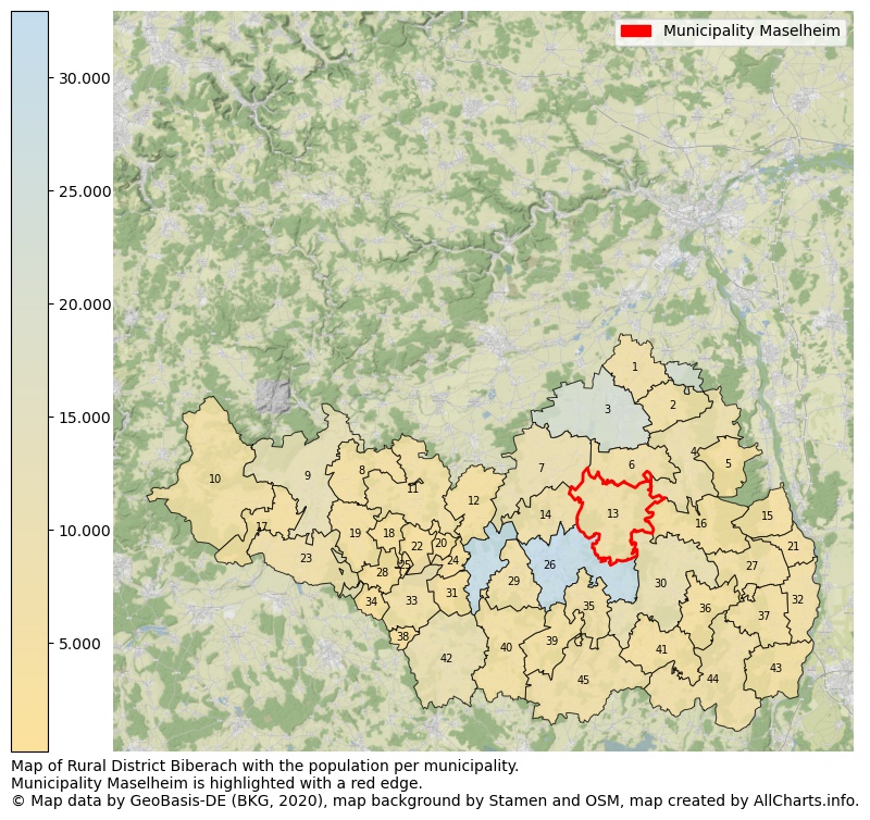 Map of Rural district Biberach with the population per municipality.Municipality Maselheim is highlighted with a red edge.. This page shows a lot of information about residents (such as the distribution by age groups, family composition, gender, native or German with an immigration background, ...), homes (numbers, types, price development, use, type of property, ...) and more (car ownership, energy consumption, ...) based on open data from the German Federal Agency for Cartography, the Federal Statistical Office (DESTATIS), the Regional Statistical Offices and various other sources!