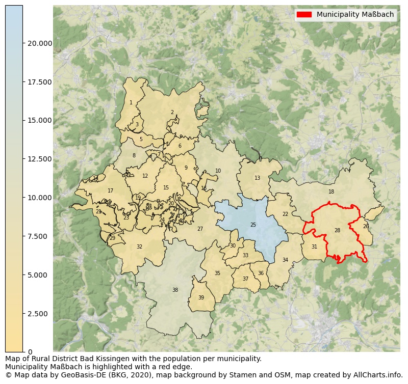 Map of Rural district Bad Kissingen with the population per municipality.Municipality Maßbach is highlighted with a red edge.. This page shows a lot of information about residents (such as the distribution by age groups, family composition, gender, native or German with an immigration background, ...), homes (numbers, types, price development, use, type of property, ...) and more (car ownership, energy consumption, ...) based on open data from the German Federal Agency for Cartography, the Federal Statistical Office (DESTATIS), the Regional Statistical Offices and various other sources!