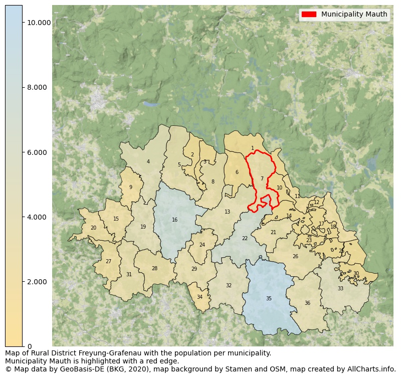 Map of Rural district Freyung-Grafenau with the population per municipality.Municipality Mauth is highlighted with a red edge.. This page shows a lot of information about residents (such as the distribution by age groups, family composition, gender, native or German with an immigration background, ...), homes (numbers, types, price development, use, type of property, ...) and more (car ownership, energy consumption, ...) based on open data from the German Federal Agency for Cartography, the Federal Statistical Office (DESTATIS), the Regional Statistical Offices and various other sources!