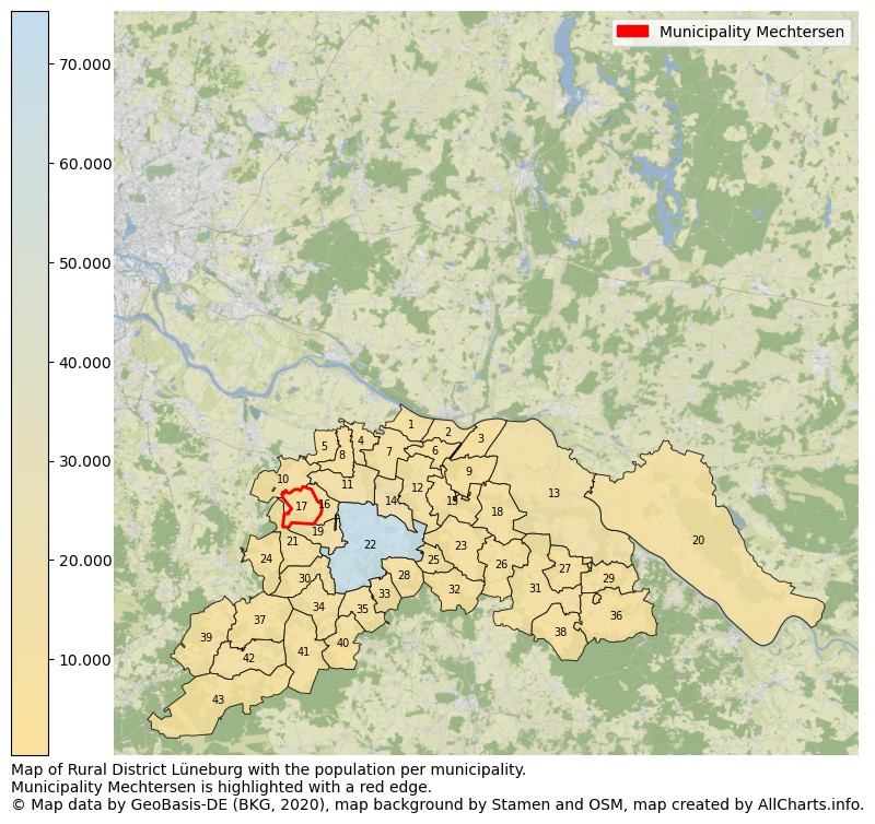 Map of Rural district Lüneburg with the population per municipality.Municipality Mechtersen is highlighted with a red edge.. This page shows a lot of information about residents (such as the distribution by age groups, family composition, gender, native or German with an immigration background, ...), homes (numbers, types, price development, use, type of property, ...) and more (car ownership, energy consumption, ...) based on open data from the German Federal Agency for Cartography, the Federal Statistical Office (DESTATIS), the Regional Statistical Offices and various other sources!