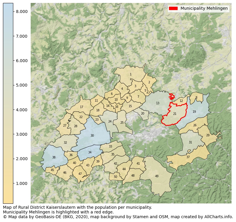 Map of Rural district Kaiserslautern with the population per municipality.Municipality Mehlingen is highlighted with a red edge.. This page shows a lot of information about residents (such as the distribution by age groups, family composition, gender, native or German with an immigration background, ...), homes (numbers, types, price development, use, type of property, ...) and more (car ownership, energy consumption, ...) based on open data from the German Federal Agency for Cartography, the Federal Statistical Office (DESTATIS), the Regional Statistical Offices and various other sources!