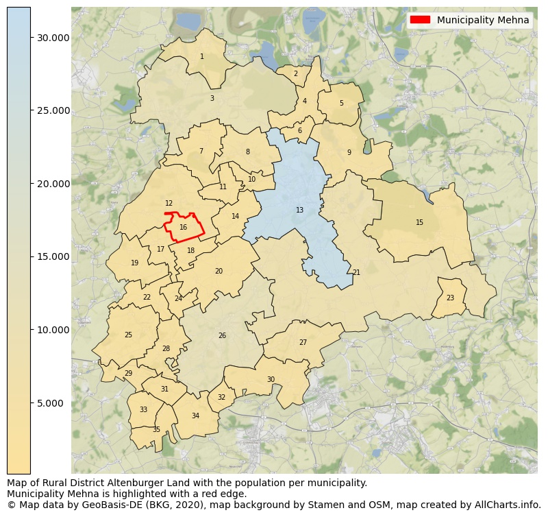 Map of Rural district Altenburger Land with the population per municipality.Municipality Mehna is highlighted with a red edge.. This page shows a lot of information about residents (such as the distribution by age groups, family composition, gender, native or German with an immigration background, ...), homes (numbers, types, price development, use, type of property, ...) and more (car ownership, energy consumption, ...) based on open data from the German Federal Agency for Cartography, the Federal Statistical Office (DESTATIS), the Regional Statistical Offices and various other sources!