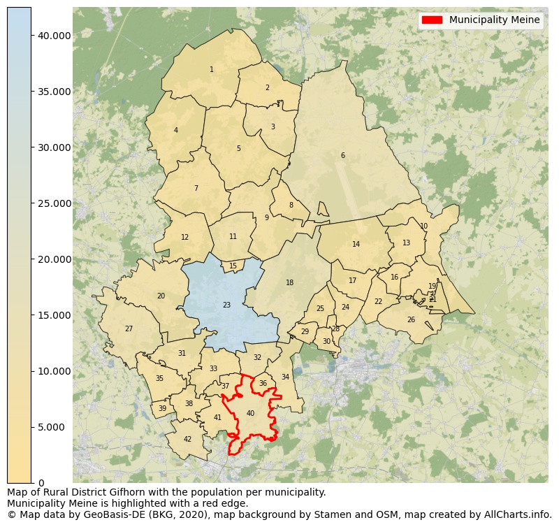Map of Rural district Gifhorn with the population per municipality.Municipality Meine is highlighted with a red edge.. This page shows a lot of information about residents (such as the distribution by age groups, family composition, gender, native or German with an immigration background, ...), homes (numbers, types, price development, use, type of property, ...) and more (car ownership, energy consumption, ...) based on open data from the German Federal Agency for Cartography, the Federal Statistical Office (DESTATIS), the Regional Statistical Offices and various other sources!