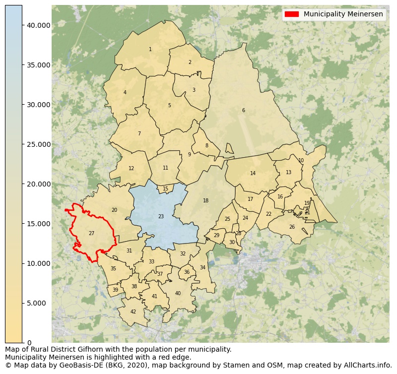 Map of Rural district Gifhorn with the population per municipality.Municipality Meinersen is highlighted with a red edge.. This page shows a lot of information about residents (such as the distribution by age groups, family composition, gender, native or German with an immigration background, ...), homes (numbers, types, price development, use, type of property, ...) and more (car ownership, energy consumption, ...) based on open data from the German Federal Agency for Cartography, the Federal Statistical Office (DESTATIS), the Regional Statistical Offices and various other sources!