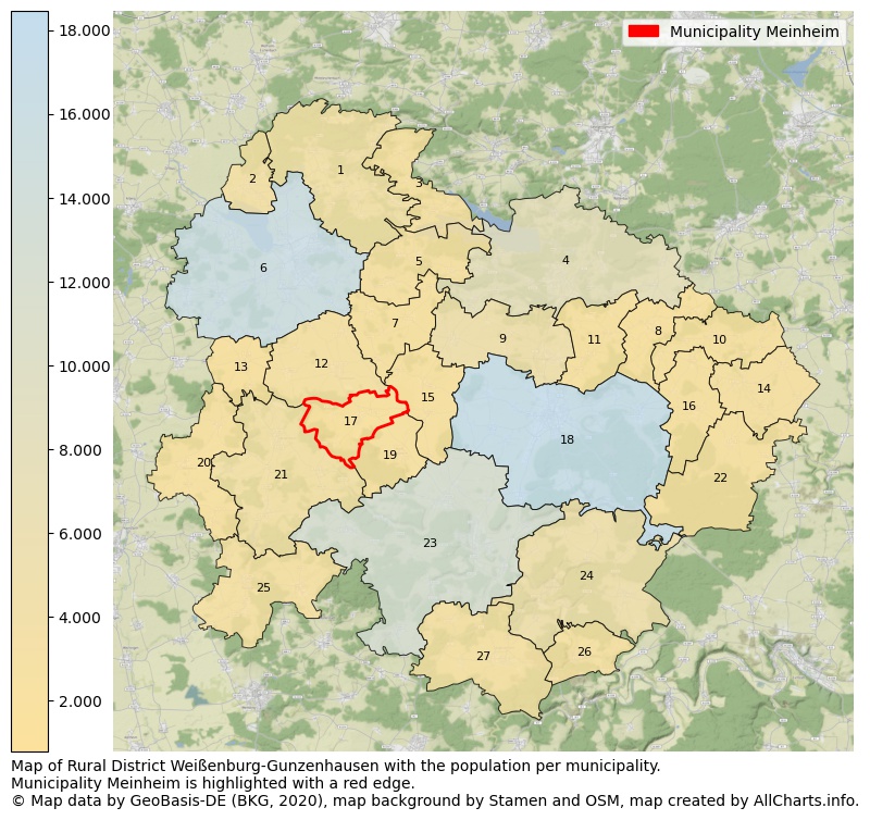 Map of Rural district Weißenburg-Gunzenhausen with the population per municipality.Municipality Meinheim is highlighted with a red edge.. This page shows a lot of information about residents (such as the distribution by age groups, family composition, gender, native or German with an immigration background, ...), homes (numbers, types, price development, use, type of property, ...) and more (car ownership, energy consumption, ...) based on open data from the German Federal Agency for Cartography, the Federal Statistical Office (DESTATIS), the Regional Statistical Offices and various other sources!