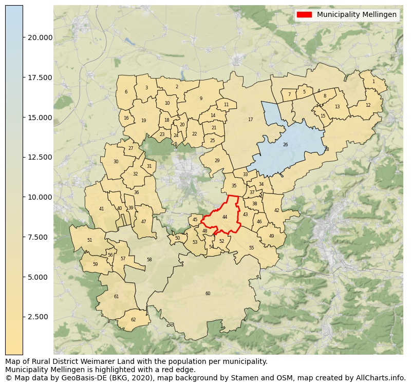 Map of Rural district Weimarer Land with the population per municipality.Municipality Mellingen is highlighted with a red edge.. This page shows a lot of information about residents (such as the distribution by age groups, family composition, gender, native or German with an immigration background, ...), homes (numbers, types, price development, use, type of property, ...) and more (car ownership, energy consumption, ...) based on open data from the German Federal Agency for Cartography, the Federal Statistical Office (DESTATIS), the Regional Statistical Offices and various other sources!