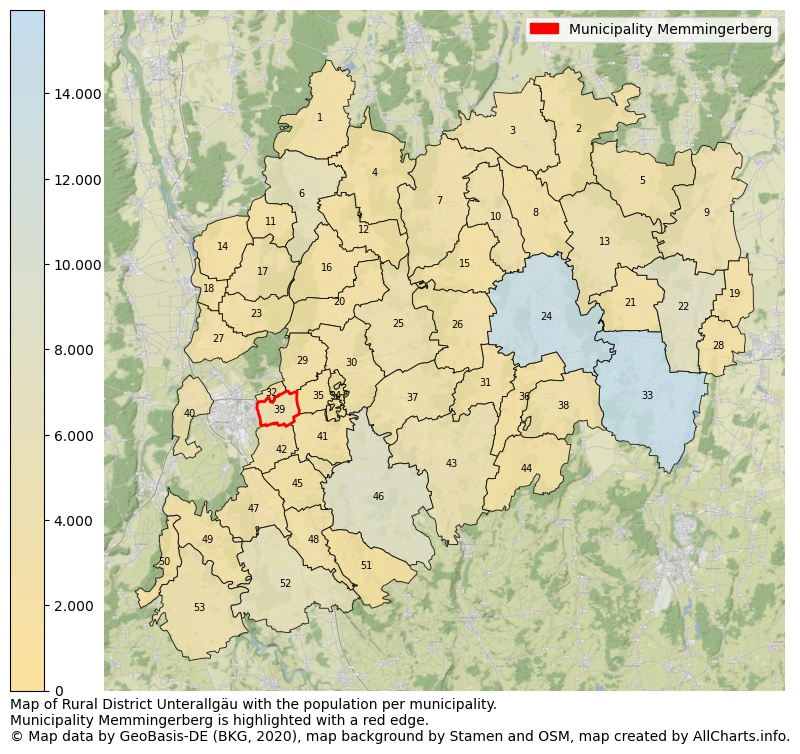 Map of Rural district Unterallgäu with the population per municipality.Municipality Memmingerberg is highlighted with a red edge.. This page shows a lot of information about residents (such as the distribution by age groups, family composition, gender, native or German with an immigration background, ...), homes (numbers, types, price development, use, type of property, ...) and more (car ownership, energy consumption, ...) based on open data from the German Federal Agency for Cartography, the Federal Statistical Office (DESTATIS), the Regional Statistical Offices and various other sources!