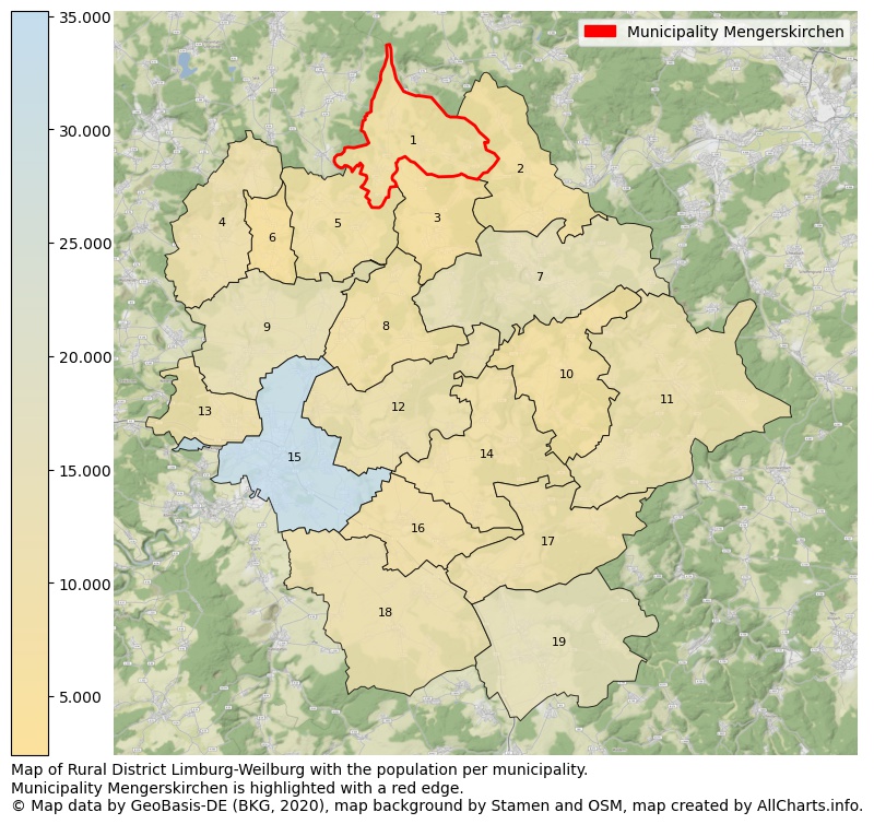 Map of Rural district Limburg-Weilburg with the population per municipality.Municipality Mengerskirchen is highlighted with a red edge.. This page shows a lot of information about residents (such as the distribution by age groups, family composition, gender, native or German with an immigration background, ...), homes (numbers, types, price development, use, type of property, ...) and more (car ownership, energy consumption, ...) based on open data from the German Federal Agency for Cartography, the Federal Statistical Office (DESTATIS), the Regional Statistical Offices and various other sources!