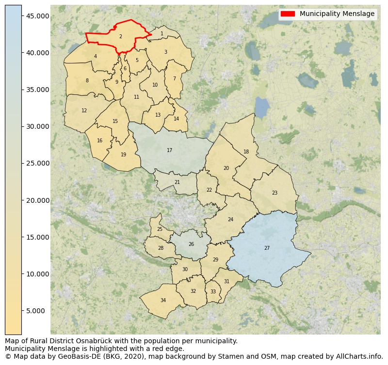 Map of Rural district Osnabrück with the population per municipality.Municipality Menslage is highlighted with a red edge.. This page shows a lot of information about residents (such as the distribution by age groups, family composition, gender, native or German with an immigration background, ...), homes (numbers, types, price development, use, type of property, ...) and more (car ownership, energy consumption, ...) based on open data from the German Federal Agency for Cartography, the Federal Statistical Office (DESTATIS), the Regional Statistical Offices and various other sources!