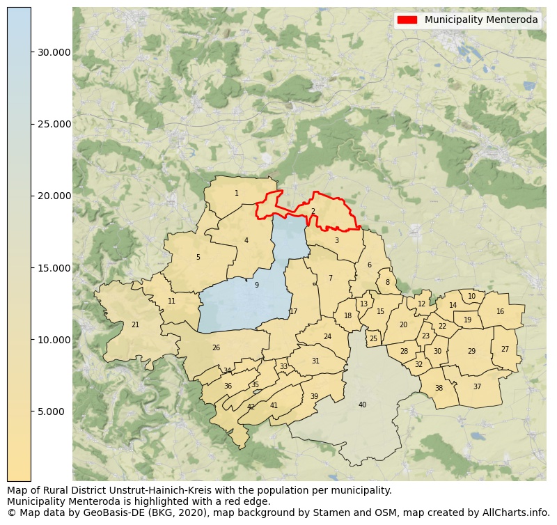 Map of Rural district Unstrut-Hainich-Kreis with the population per municipality.Municipality Menteroda is highlighted with a red edge.. This page shows a lot of information about residents (such as the distribution by age groups, family composition, gender, native or German with an immigration background, ...), homes (numbers, types, price development, use, type of property, ...) and more (car ownership, energy consumption, ...) based on open data from the German Federal Agency for Cartography, the Federal Statistical Office (DESTATIS), the Regional Statistical Offices and various other sources!