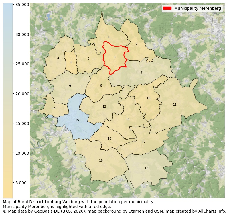 Map of Rural district Limburg-Weilburg with the population per municipality.Municipality Merenberg is highlighted with a red edge.. This page shows a lot of information about residents (such as the distribution by age groups, family composition, gender, native or German with an immigration background, ...), homes (numbers, types, price development, use, type of property, ...) and more (car ownership, energy consumption, ...) based on open data from the German Federal Agency for Cartography, the Federal Statistical Office (DESTATIS), the Regional Statistical Offices and various other sources!