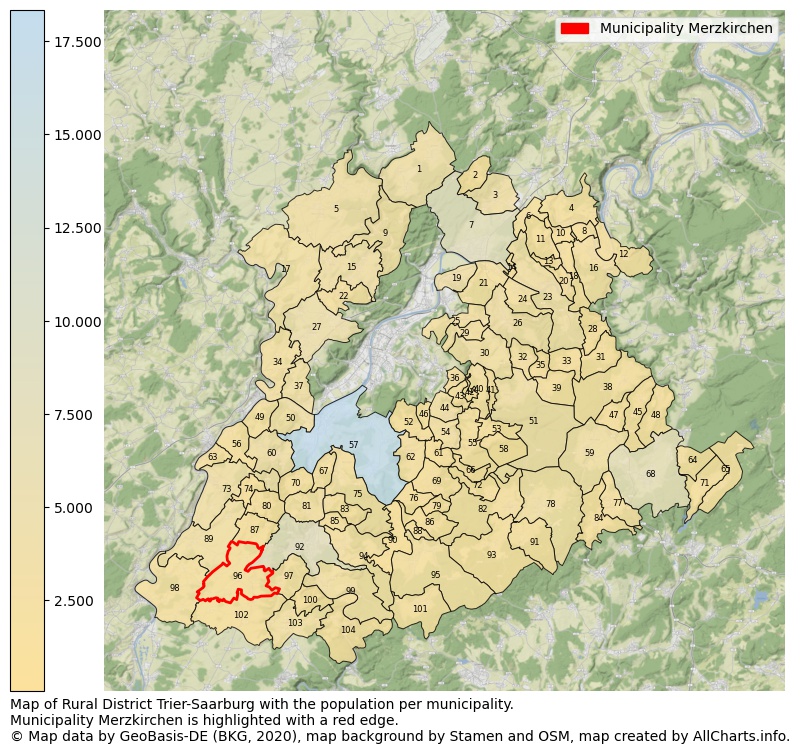 Map of Rural district Trier-Saarburg with the population per municipality.Municipality Merzkirchen is highlighted with a red edge.. This page shows a lot of information about residents (such as the distribution by age groups, family composition, gender, native or German with an immigration background, ...), homes (numbers, types, price development, use, type of property, ...) and more (car ownership, energy consumption, ...) based on open data from the German Federal Agency for Cartography, the Federal Statistical Office (DESTATIS), the Regional Statistical Offices and various other sources!