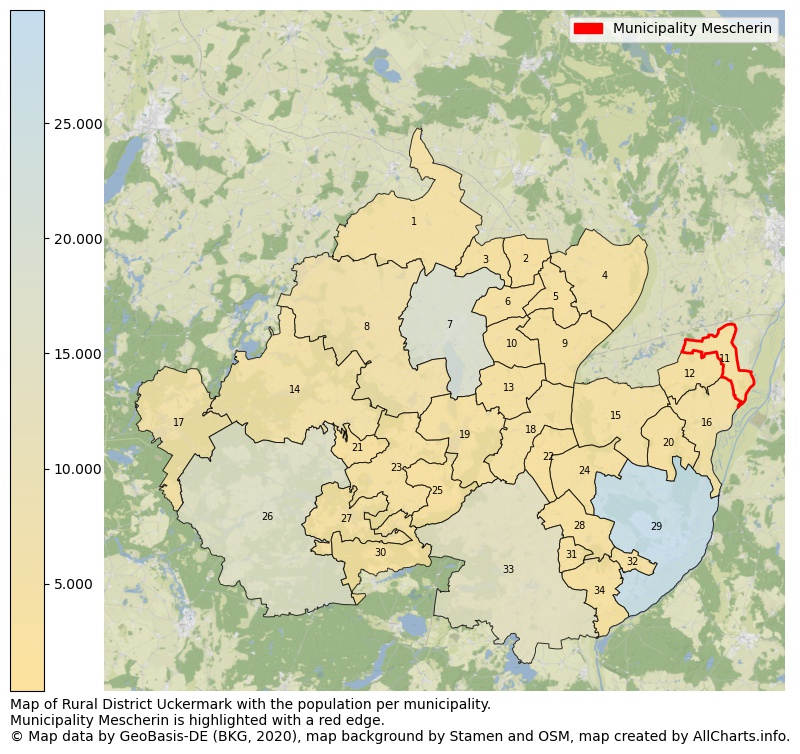 Map of Rural district Uckermark with the population per municipality.Municipality Mescherin is highlighted with a red edge.. This page shows a lot of information about residents (such as the distribution by age groups, family composition, gender, native or German with an immigration background, ...), homes (numbers, types, price development, use, type of property, ...) and more (car ownership, energy consumption, ...) based on open data from the German Federal Agency for Cartography, the Federal Statistical Office (DESTATIS), the Regional Statistical Offices and various other sources!