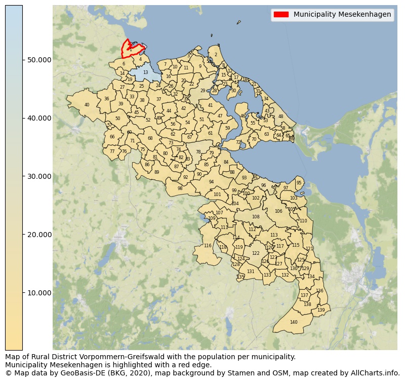Map of Rural district Vorpommern-Greifswald with the population per municipality.Municipality Mesekenhagen is highlighted with a red edge.. This page shows a lot of information about residents (such as the distribution by age groups, family composition, gender, native or German with an immigration background, ...), homes (numbers, types, price development, use, type of property, ...) and more (car ownership, energy consumption, ...) based on open data from the German Federal Agency for Cartography, the Federal Statistical Office (DESTATIS), the Regional Statistical Offices and various other sources!