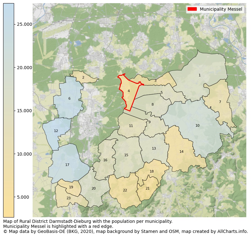 Map of Rural district Darmstadt-Dieburg with the population per municipality.Municipality Messel is highlighted with a red edge.. This page shows a lot of information about residents (such as the distribution by age groups, family composition, gender, native or German with an immigration background, ...), homes (numbers, types, price development, use, type of property, ...) and more (car ownership, energy consumption, ...) based on open data from the German Federal Agency for Cartography, the Federal Statistical Office (DESTATIS), the Regional Statistical Offices and various other sources!