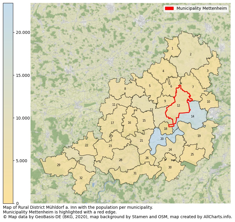Map of Rural district Mühldorf a. Inn with the population per municipality.Municipality Mettenheim is highlighted with a red edge.. This page shows a lot of information about residents (such as the distribution by age groups, family composition, gender, native or German with an immigration background, ...), homes (numbers, types, price development, use, type of property, ...) and more (car ownership, energy consumption, ...) based on open data from the German Federal Agency for Cartography, the Federal Statistical Office (DESTATIS), the Regional Statistical Offices and various other sources!