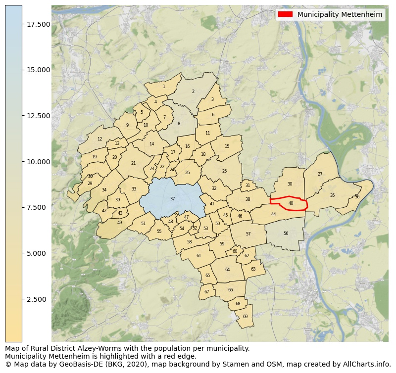 Map of Rural district Alzey-Worms with the population per municipality.Municipality Mettenheim is highlighted with a red edge.. This page shows a lot of information about residents (such as the distribution by age groups, family composition, gender, native or German with an immigration background, ...), homes (numbers, types, price development, use, type of property, ...) and more (car ownership, energy consumption, ...) based on open data from the German Federal Agency for Cartography, the Federal Statistical Office (DESTATIS), the Regional Statistical Offices and various other sources!