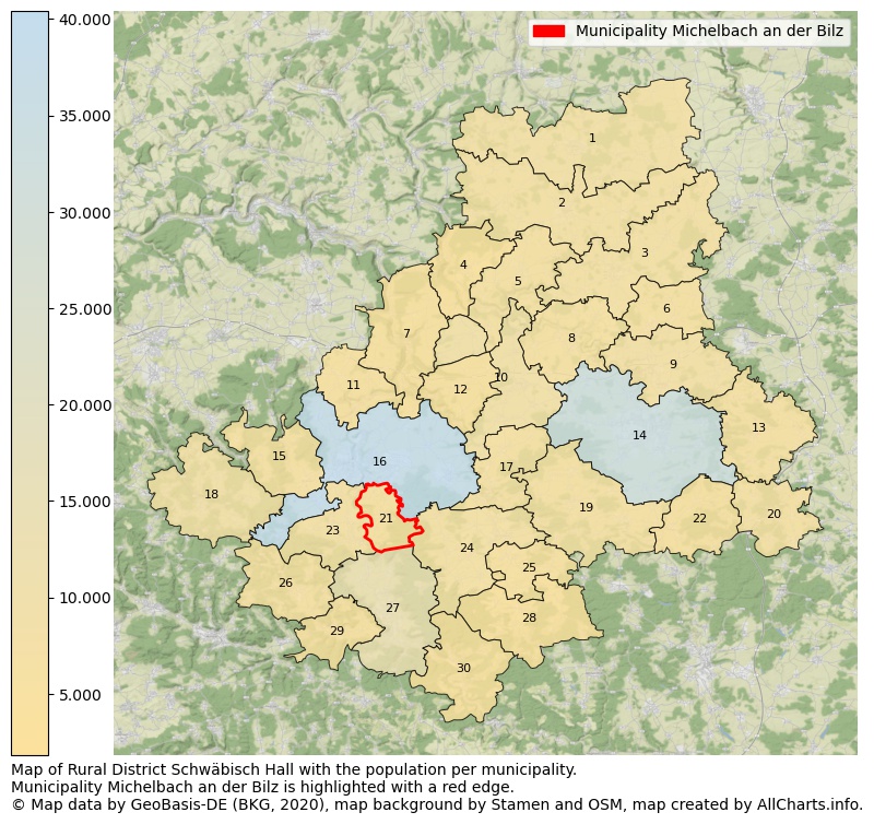 Map of Rural district Schwäbisch Hall with the population per municipality.Municipality Michelbach an der Bilz is highlighted with a red edge.. This page shows a lot of information about residents (such as the distribution by age groups, family composition, gender, native or German with an immigration background, ...), homes (numbers, types, price development, use, type of property, ...) and more (car ownership, energy consumption, ...) based on open data from the German Federal Agency for Cartography, the Federal Statistical Office (DESTATIS), the Regional Statistical Offices and various other sources!