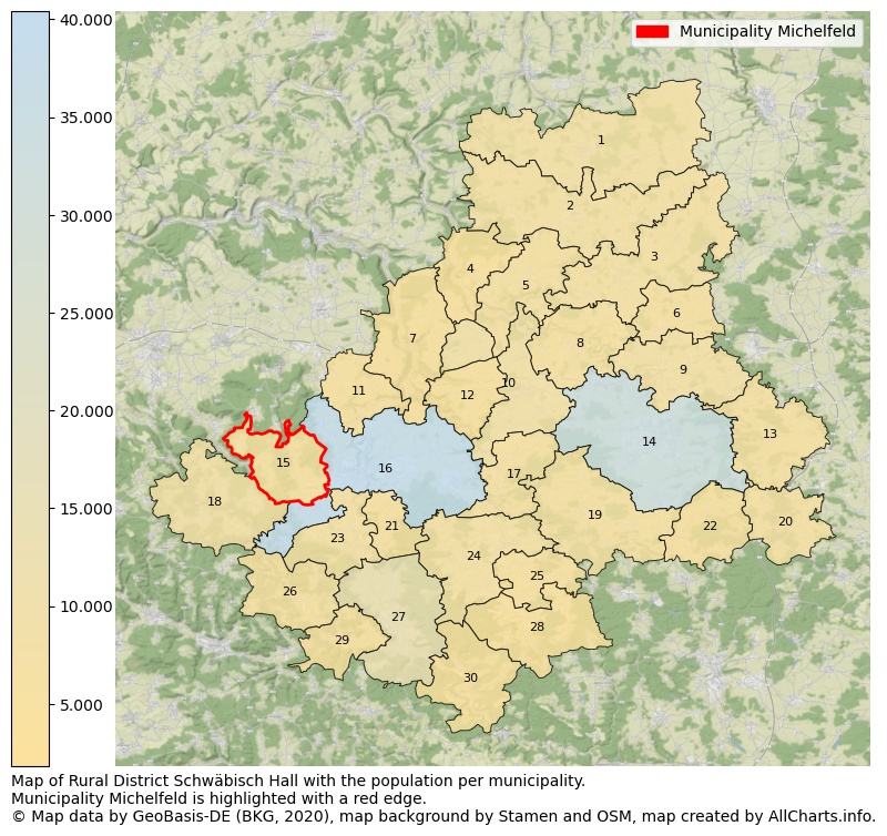 Map of Rural district Schwäbisch Hall with the population per municipality.Municipality Michelfeld is highlighted with a red edge.. This page shows a lot of information about residents (such as the distribution by age groups, family composition, gender, native or German with an immigration background, ...), homes (numbers, types, price development, use, type of property, ...) and more (car ownership, energy consumption, ...) based on open data from the German Federal Agency for Cartography, the Federal Statistical Office (DESTATIS), the Regional Statistical Offices and various other sources!