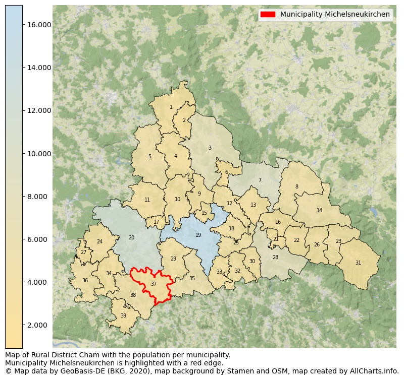Map of Rural district Cham with the population per municipality.Municipality Michelsneukirchen is highlighted with a red edge.. This page shows a lot of information about residents (such as the distribution by age groups, family composition, gender, native or German with an immigration background, ...), homes (numbers, types, price development, use, type of property, ...) and more (car ownership, energy consumption, ...) based on open data from the German Federal Agency for Cartography, the Federal Statistical Office (DESTATIS), the Regional Statistical Offices and various other sources!