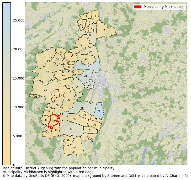 Map of Rural district Augsburg with the population per municipality.Municipality Mickhausen is highlighted with a red edge.. This page shows a lot of information about residents (such as the distribution by age groups, family composition, gender, native or German with an immigration background, ...), homes (numbers, types, price development, use, type of property, ...) and more (car ownership, energy consumption, ...) based on open data from the German Federal Agency for Cartography, the Federal Statistical Office (DESTATIS), the Regional Statistical Offices and various other sources!