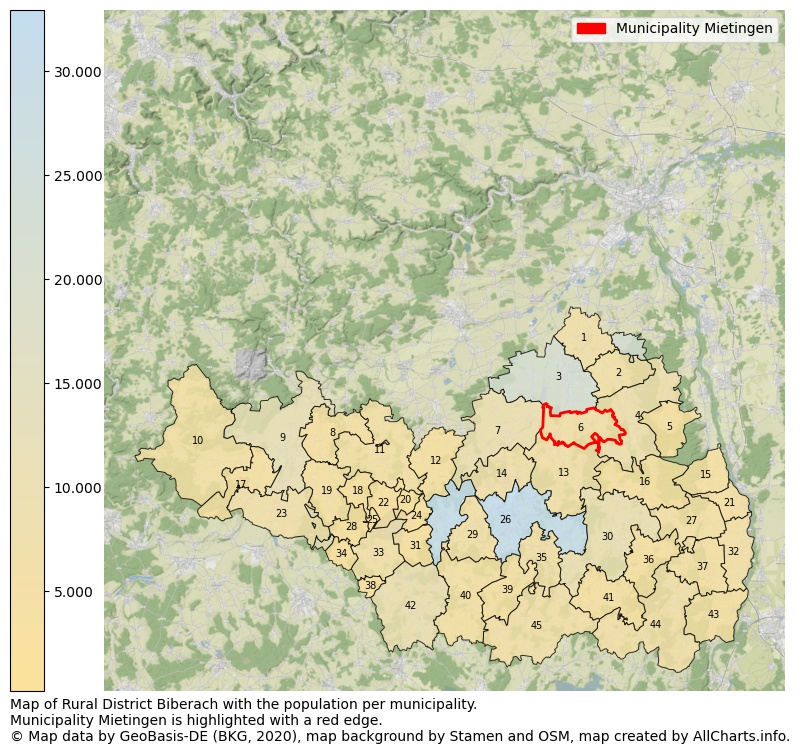 Map of Rural district Biberach with the population per municipality.Municipality Mietingen is highlighted with a red edge.. This page shows a lot of information about residents (such as the distribution by age groups, family composition, gender, native or German with an immigration background, ...), homes (numbers, types, price development, use, type of property, ...) and more (car ownership, energy consumption, ...) based on open data from the German Federal Agency for Cartography, the Federal Statistical Office (DESTATIS), the Regional Statistical Offices and various other sources!