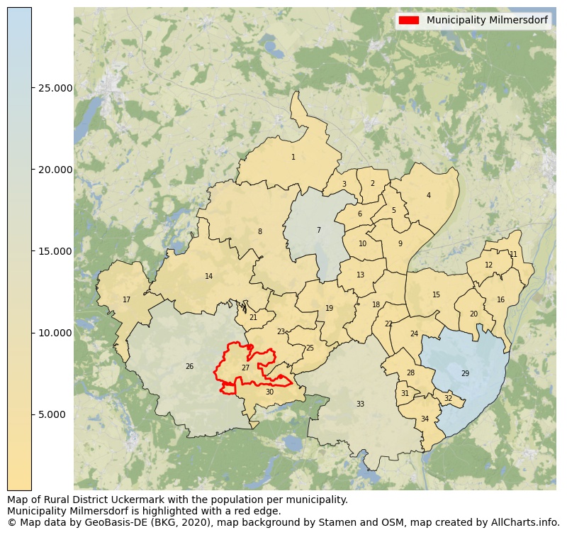 Map of Rural district Uckermark with the population per municipality.Municipality Milmersdorf is highlighted with a red edge.. This page shows a lot of information about residents (such as the distribution by age groups, family composition, gender, native or German with an immigration background, ...), homes (numbers, types, price development, use, type of property, ...) and more (car ownership, energy consumption, ...) based on open data from the German Federal Agency for Cartography, the Federal Statistical Office (DESTATIS), the Regional Statistical Offices and various other sources!