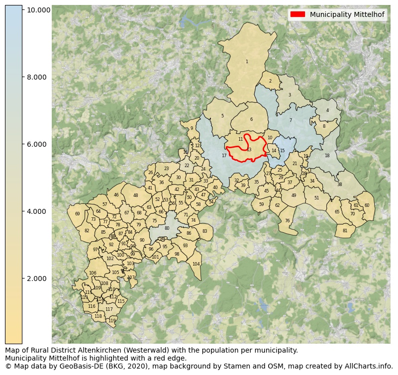 Map of Rural district Altenkirchen (Westerwald) with the population per municipality.Municipality Mittelhof is highlighted with a red edge.. This page shows a lot of information about residents (such as the distribution by age groups, family composition, gender, native or German with an immigration background, ...), homes (numbers, types, price development, use, type of property, ...) and more (car ownership, energy consumption, ...) based on open data from the German Federal Agency for Cartography, the Federal Statistical Office (DESTATIS), the Regional Statistical Offices and various other sources!