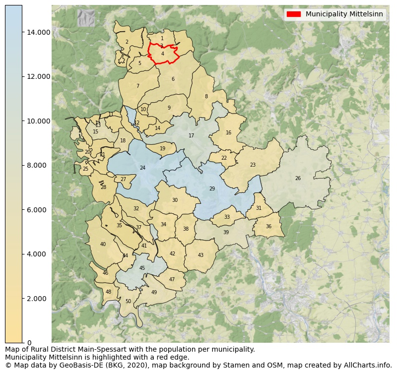 Map of Rural district Main-Spessart with the population per municipality.Municipality Mittelsinn is highlighted with a red edge.. This page shows a lot of information about residents (such as the distribution by age groups, family composition, gender, native or German with an immigration background, ...), homes (numbers, types, price development, use, type of property, ...) and more (car ownership, energy consumption, ...) based on open data from the German Federal Agency for Cartography, the Federal Statistical Office (DESTATIS), the Regional Statistical Offices and various other sources!