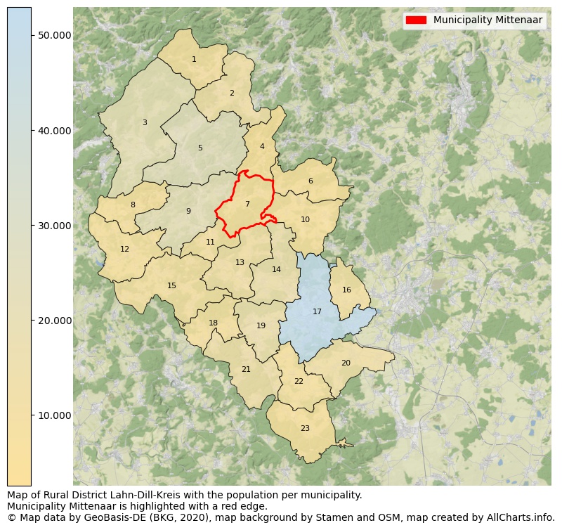 Map of Rural district Lahn-Dill-Kreis with the population per municipality.Municipality Mittenaar is highlighted with a red edge.. This page shows a lot of information about residents (such as the distribution by age groups, family composition, gender, native or German with an immigration background, ...), homes (numbers, types, price development, use, type of property, ...) and more (car ownership, energy consumption, ...) based on open data from the German Federal Agency for Cartography, the Federal Statistical Office (DESTATIS), the Regional Statistical Offices and various other sources!